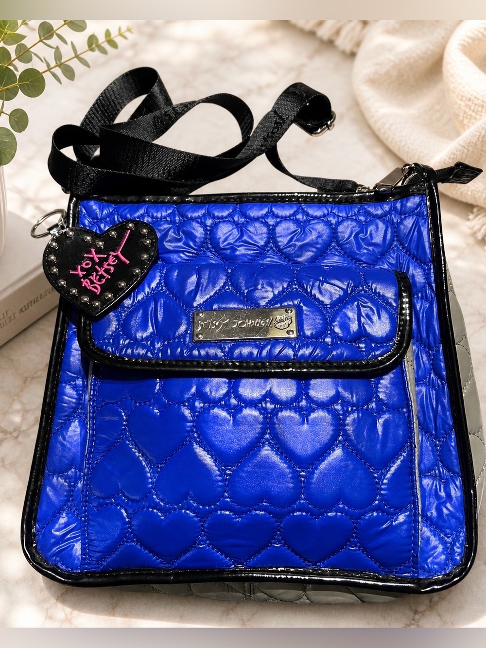Betsey Johnson Vibrant Blue Quilted Heart Crossbody Bag adjustable